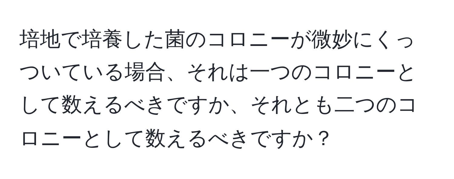 培地で培養した菌のコロニーが微妙にくっついている場合、それは一つのコロニーとして数えるべきですか、それとも二つのコロニーとして数えるべきですか？