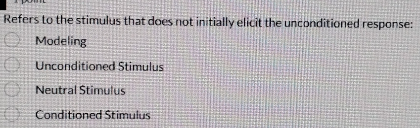 Refers to the stimulus that does not initially elicit the unconditioned response:
Modeling
Unconditioned Stimulus
Neutral Stimulus
Conditioned Stimulus