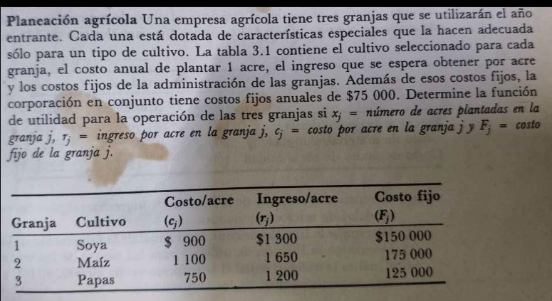 Planeación agrícola Una empresa agrícola tiene tres granjas que se utilizarán el año
entrante. Cada una está dotada de características especiales que la hacen adecuada
sólo para un tipo de cultivo. La tabla 3.1 contiene el cultivo seleccionado para cada
granja, el costo anual de plantar 1 acre, el ingreso que se espera obtener por acre
y los costos fijos de la administración de las granjas. Además de esos costos fijos, la
corporación en conjunto tiene costos fijos anuales de $75 000. Determine la función
de utilidad para la operación de las tres granjas si x_j= número de acres plantadas en la
granja j, tau _j= ingreso por acre en la granja j, c_j= costo por acre en la granja j  y F_j= costo
fijo de la granja j.