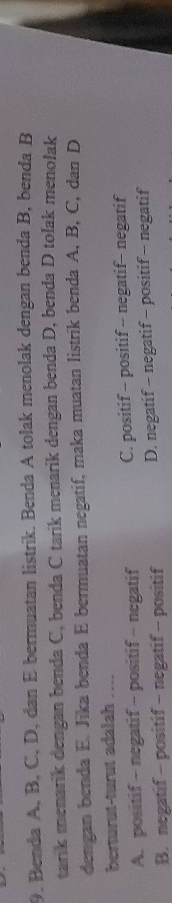 Benda A, B, C, D, dan E bermuatan listrik. Benda A tolak menolak dengan benda B, benda B
tarik menarik dengan benda C, benda C tarik menarik dengan benda D, benda D tolak menolak
dengan benda E. Jika benda E bermuatan negatif, maka muatan listrik benda A, B, C, dan D
berturut-turut adalah ....
A. positif - negatif - positif - negatif C. positif - positif - negatif- negatif
B. negatif - positif - negatif - positif D. negatif - negatif - positif - negatif