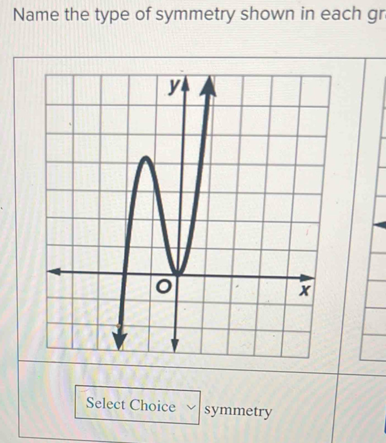 Name the type of symmetry shown in each gr 
Select Choice √ symmetry