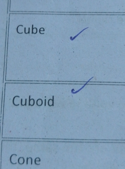 Cube 
Cuboid 
Cone