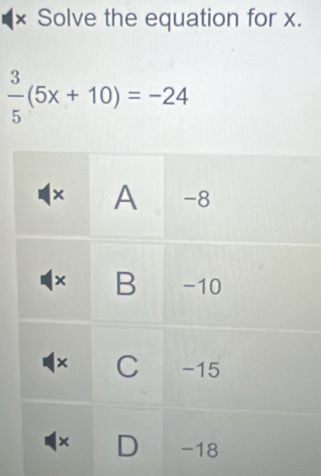 × Solve the equation for x.
 3/5 (5x+10)=-24