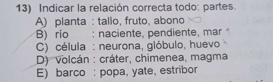 Indicar la relación correcta todo: partes.
A) planta : tallo, fruto, abono
B) río : naciente, pendiente, mar
C) célula : neurona, glóbulo, huevo
D) volcán : cráter, chimenea, magma
E) barco : popa, yate, estribor