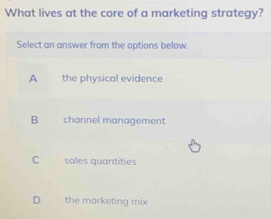 What lives at the core of a marketing strategy?
Select an answer from the options below.
A the physical evidence
B channel management
C sales quantities
D the marketing mix