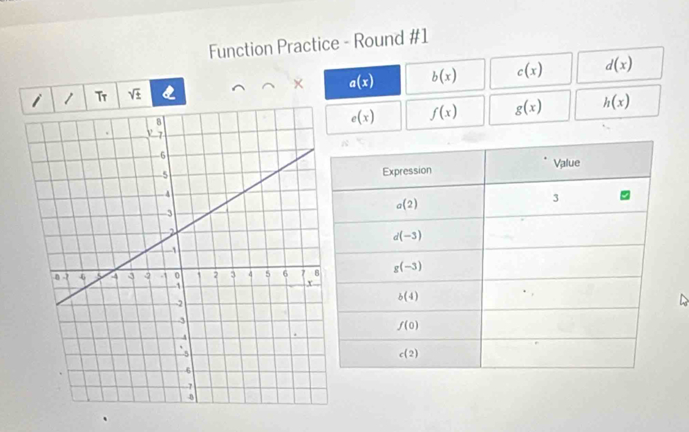 Function Practice - Round #1
1 Tr sqrt(± ) × a(x) b(x) c(x) d(x)
e(x) f(x) g(x) h(x)