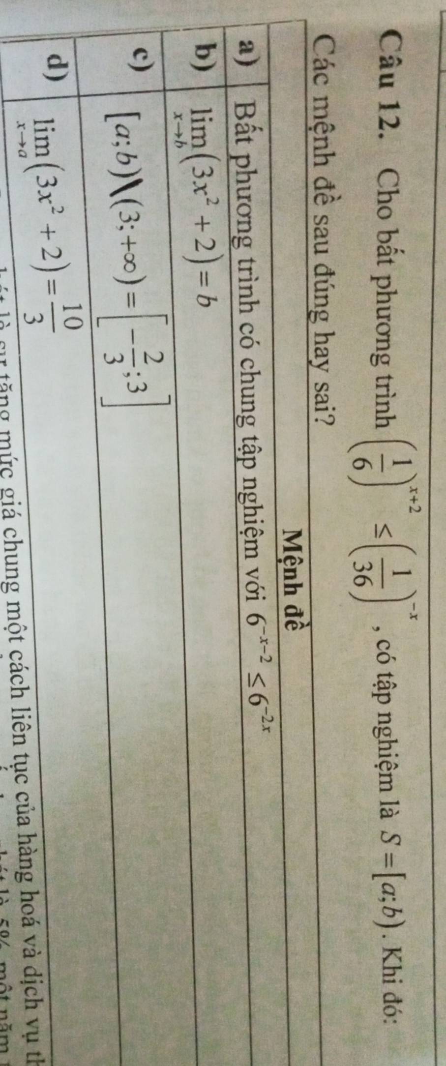 Cho bất phương trình ( 1/6 )^x+2≤ ( 1/36 )^-x , có tập nghiệm là S=[a;b). Khi đó:
cự tăng mức giá chung một cth
một năm