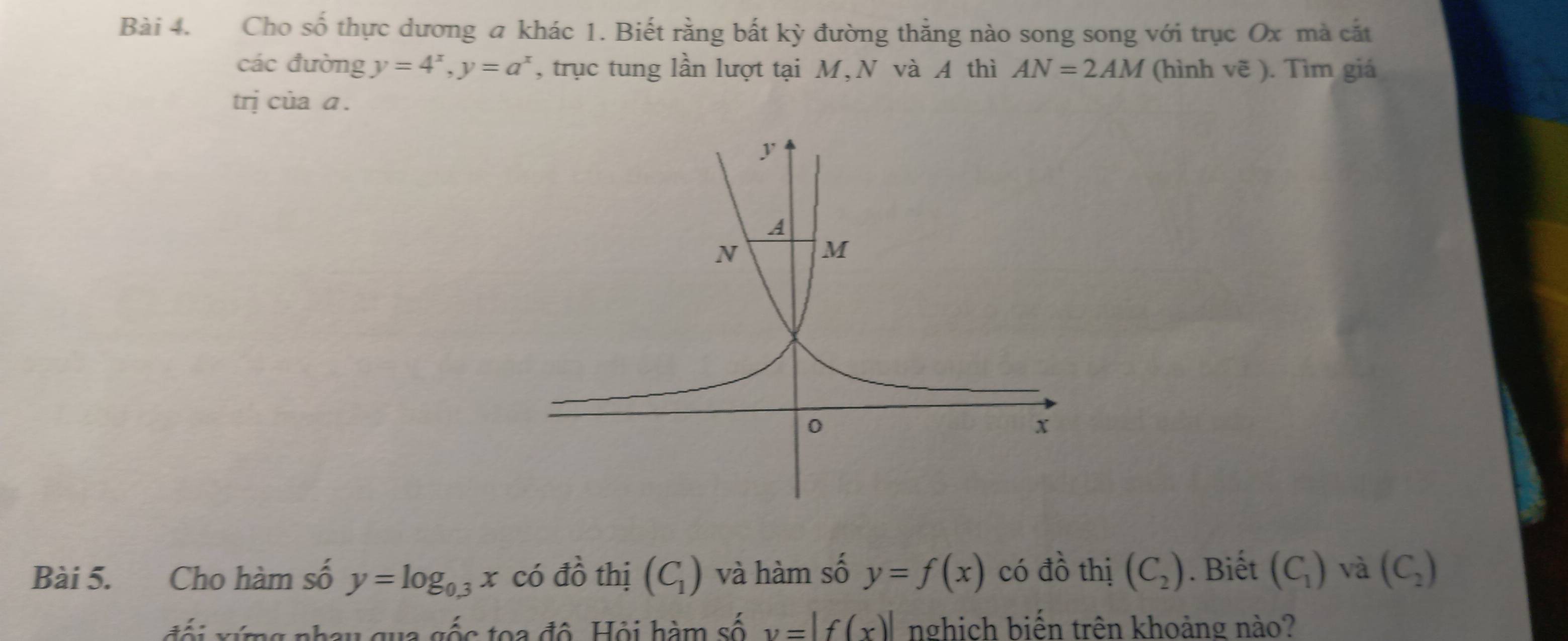 Cho số thực dương a khác 1. Biết rằng bất kỳ đường thẳng nào song song với trục Ox mà cắt 
các đường y=4^x, y=a^x , trục tung lần lượt tại M, N và A thì AN=2AM (hình vẽ ). Tìm giá 
trị của a. 
Bài 5. Cho hàm số y=log _0.3x có đồ thị (C_1) và hàm số y=f(x) có đồ thị (C_2). Biết (C_1) và (C_2)
đ i ứng nhay qua gốc toa độ. Hội hàm số v=|f(x)| nghịch biến trên khoảng nào?