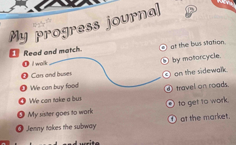 My progress journal 
Revie 
a) at the bus station. 
1 Read and match. 
① I walk 
ⓑ by motorcycle. 
Cars and buses 
on the sidewalk. 
③ We can buy food 
travel on roads. 
④ We can take a bus 
to get to work. 
9 My sister goes to work 
① at the market. 
6 Jenny takes the subway