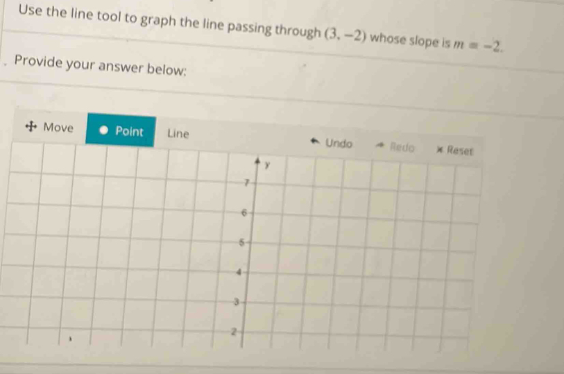 Use the line tool to graph the line passing through (3,-2) whose slope is m=-2. 
Provide your answer below: 
Move Point Line