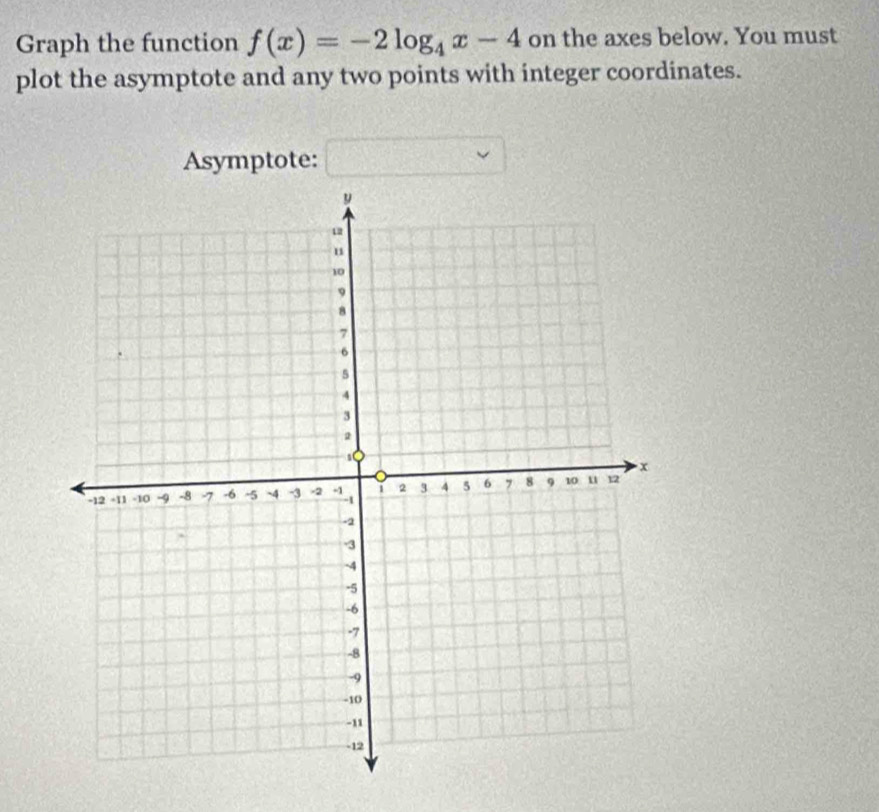 Graph the function f(x)=-2log _4x-4 on the axes below. You must 
plot the asymptote and any two points with integer coordinates. 
Asymptote: □ 