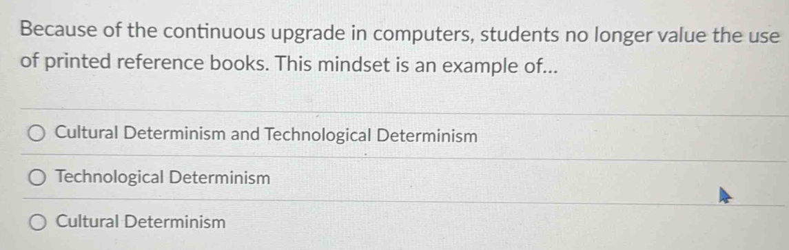 Because of the continuous upgrade in computers, students no longer value the use
of printed reference books. This mindset is an example of...
Cultural Determinism and Technological Determinism
Technological Determinism
Cultural Determinism