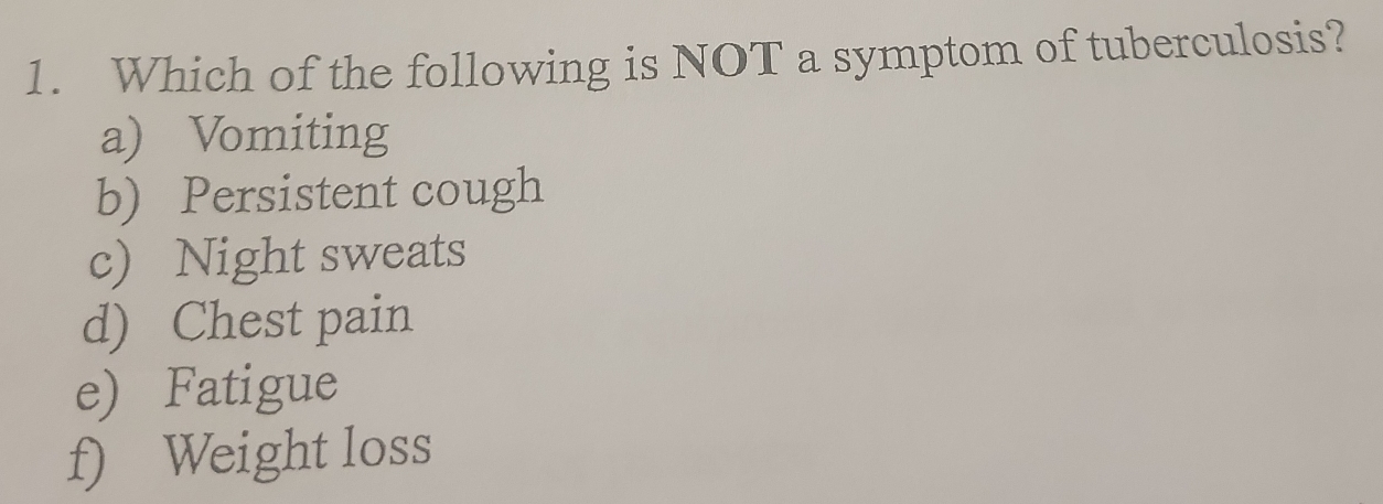 Which of the following is NOT a symptom of tuberculosis?
a) Vomiting
b) Persistent cough
c) Night sweats
d) Chest pain
e) Fatigue
f) Weight loss