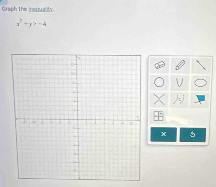 Graph the inequality.
x^2+y>-4
V