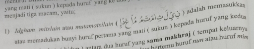 yang mati ( sukun ) kepada huruf yang ke uu 
menjadi tiga macam, yaitu; 
) adalah memasukka 
1) Idgham mitslain atau mutamatsilain ( 
atau memadukan bunyi huruf pertama yang mati ( sukun ) kepada huruf yang kedu 
) anlara dua huruf yang sama makhraj ( tempat keluarnya 
bertemu huruf nun atau huruf mim