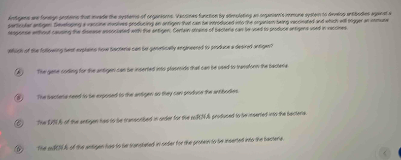 Antigens are foreign proteins that invade the systems of organisms. Vaccines function by stimulating an organism's immune system to develop antibodies against a
particular antigen. Developing a vaccine involves producing an antigen that can be introduced into the organism being vaccinated and which will trigger an immune
response without causing the disease associated with the antigen. Certain strains of bacteria can be used to produce antigens used in vaccines.
Which of the following best explains now bactera can be genetically angineered to produce a desired antigen?
A The gene coding for the antigen can be inserted into plasmids that can be used to transform the bactera.
8 The secteria need to se exposed to the antigen so they can produce the antibodies.
C The DA of the antigen has to be transcribed in order for the mRNA produced to be inserted into the bacteria.
The mRNA of the antigen has to be transtated in order for the protein to be inserted into the bacteria.