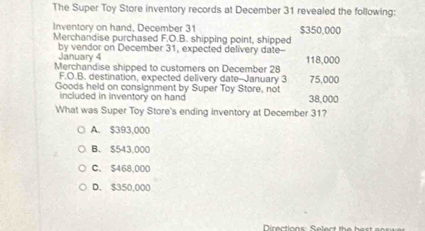 Solved: The Super Toy Store inventory records at December 31 revealed ...