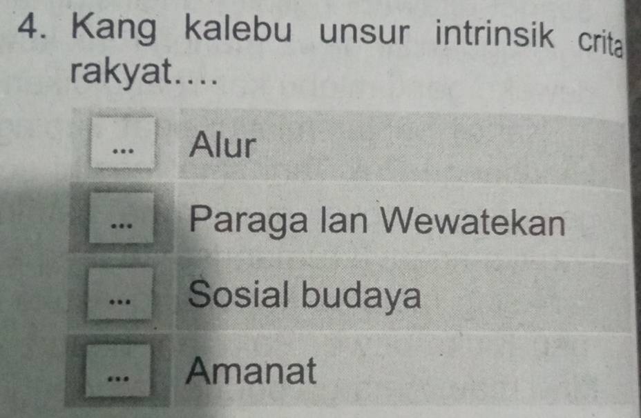 Kang kalebu unsur intrinsik crita
rakyat....
… Alur... Paraga Ian Wewatekan.. Sosial budaya. Amanat