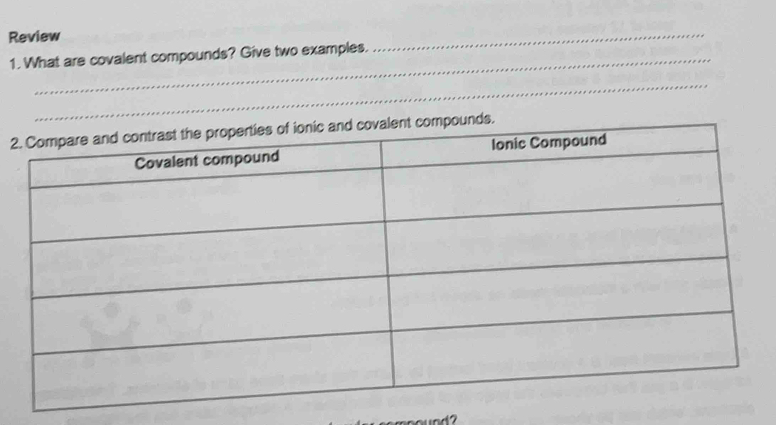 Review 
1. What are covalent compounds? Give two examples. 
_ 
_ 
2