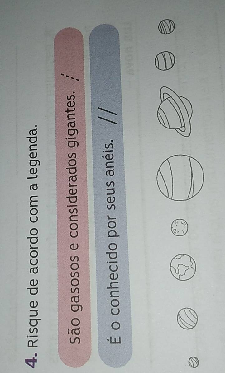 Risque de acordo com a legenda. 
São gasosos e considerados gigantes. 
É o conhecido por seus anéis.