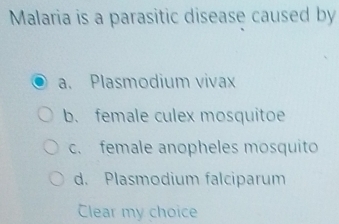 Malaria is a parasitic disease caused by
a. Plasmodium vivax
b. female culex mosquitoe
c. female anopheles mosquito
d. Plasmodium falciparum
Clear my choice