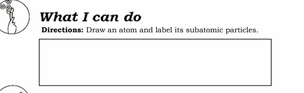 What I can do 
Directions: Draw an atom and label its subatomic particles.