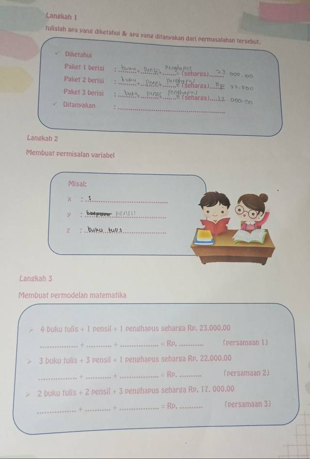 Langkah 1 
tulislah aña yang diketahui & apa yang ditanyakan dari permasalahan tersebut. 
Diketahui 
_ 
Paket 1 berisi 
= (seharía)._ . ○09 . ∞0 
Paket 2 berisi . __22.१50 
seharga). 

Paket 3 berisi : _ (seharga)_ - O0O Cr 
Ditanyakan :_ 
Langkah 2 
Membuat permisalan variabel 
Langkah 3 
Membuat Permodelan matematika 
4 buku tulis + pensil +1 penghapus seharga Rp. 23.000,00
_+_ __(Persamaan 1)
=Rrho. 
3 buku tulis +3 Pensil +1 penghapus seharga Rp. 22.000.00
_+ _+_ =RP. _(Persamaan 2) 
2 buku tulis +2pensil+3 penghapus seharga Rp. 17. 000,00
_ 
+_ + _ =Rrho. _(Persamaan 3)