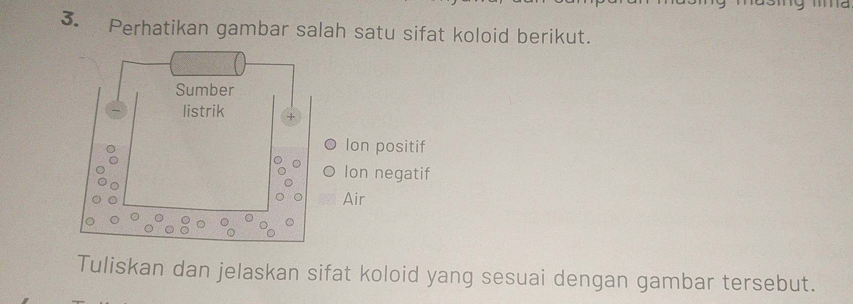 Perhatikan gambar salah satu sifat koloid berikut.
Sumber
listrik
Ion positif
Ion negatif
Air
Tuliskan dan jelaskan sifat koloid yang sesuai dengan gambar tersebut.