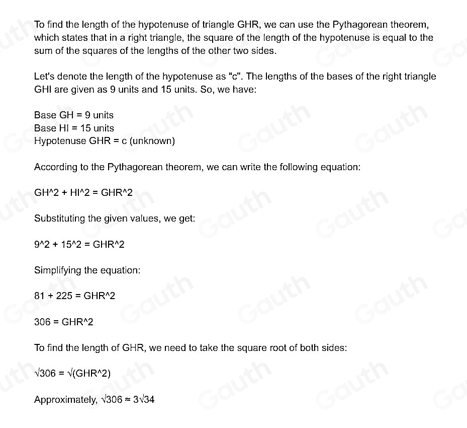 Solved: If the lengths of the bases of right triangle GHI are 9 units ...