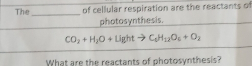 The_ of cellular respiration are the reactants of 
photosynthesis.
CO_2+H_2O+Lightto C_6H_12O_6+O_2
What are the reactants of photosynthesis?