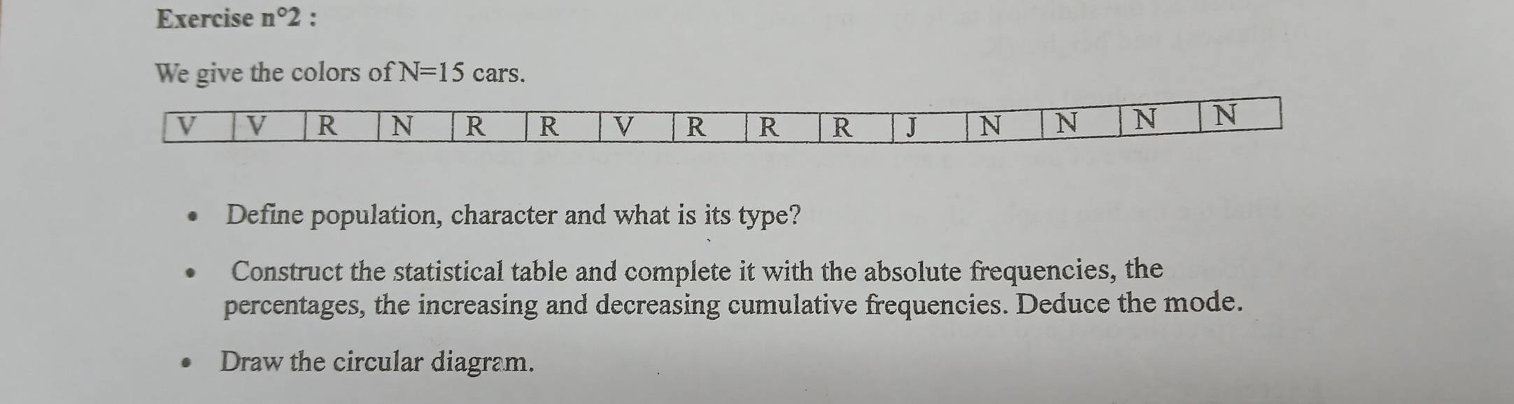 Exercise n°2 : 
We give the colors of N=15cars.
V V R N R R v R R R J N N N N
Define population, character and what is its type? 
Construct the statistical table and complete it with the absolute frequencies, the 
percentages, the increasing and decreasing cumulative frequencies. Deduce the mode. 
Draw the circular diagram.