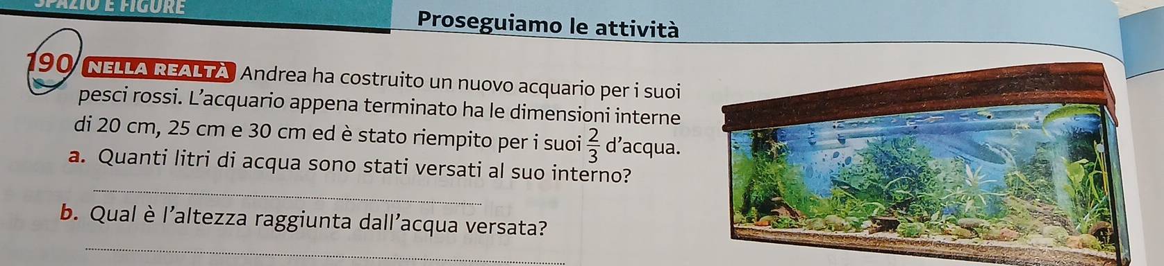 Proseguiamo le attività 
190 NELLA REALTA, Andrea ha costruito un nuovo acquario per i suoi 
pesci rossi. L’acquario appena terminato ha le dimensioni interne 
di 20 cm, 25 cm e 30 cm ed è stato riempito per i suoi  2/3  d’acqua. 
_ 
a. Quanti litri di acqua sono stati versati al suo interno? 
_ 
b. Qual è l'altezza raggiunta dall'acqua versata?