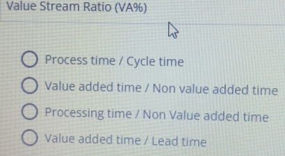 Solved: Value Stream Ratio (VA%) Process time / Cycle time Value added ...
