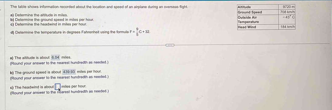 The table shows information recorded about the location and speed of an airplane during an overseas flight. 
a) Determine the altitude in miles. 
b) Determine the ground speed in miles per hour. 
c) Determine the headwind in miles per hour. 
d) Determine the temperature in degrees Fahrenheit using the formula F= 9/5 C+32.
a) The altitude is about 6.04 miles.
(Round your answer to the nearest hundredth as needed.)
b) The ground speed is about 439.93 miles per hour.
(Round your answer to the nearest hundredth as needed.)
c) The headwind is about □ miles per hour.
(Round your answer to the nearest hundredth as needed.)