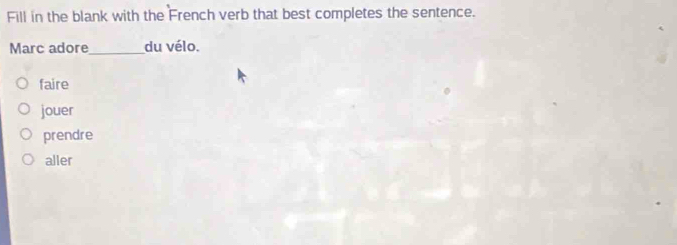 Fill in the blank with the French verb that best completes the sentence.
Marc adore_ du vélo.
faire
jouer
prendre
aller