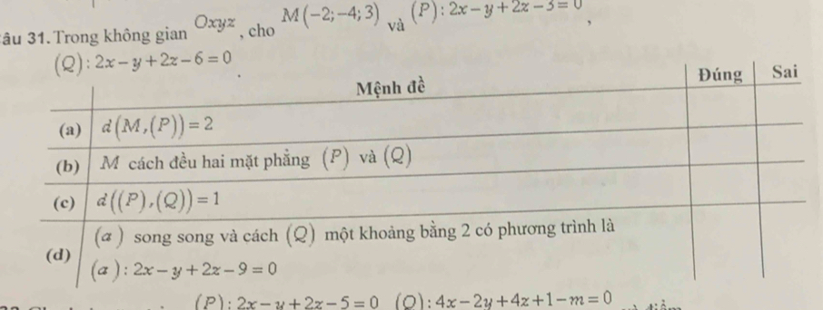 âu 31. Trong không _gianOxyz , cho M(-2;-4;3) và (P):2x-y+2z-3=0
2x-y+2z-6=0
1 2x-y+2z-5=0 (0): 4x-2y+4z+1-m=0