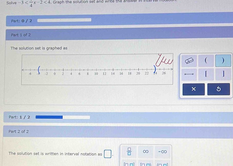 Solve -3 <4</tex> . Graph the solution set and write the answer in inter 
Part: 0 / 2 
Part 1 of 2 
The solution set is graphed as 
( ) 
| 
× 5
Part: 1 / 2 
Part 2 of 2 
The solution set is written in interval notation as  □ /□   ∞ -∞
n
-1
