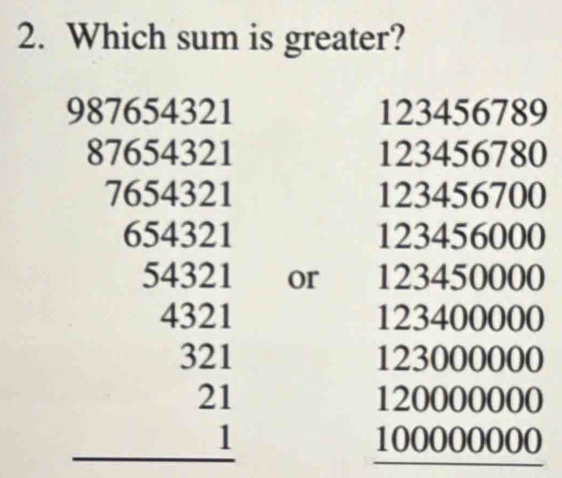 Solved: Which sum is greater? 987654321 123456789 87654321