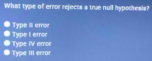 What type of error rejects a true null hypothesis?
Type II error
Type I error
Type IV error
Type III error