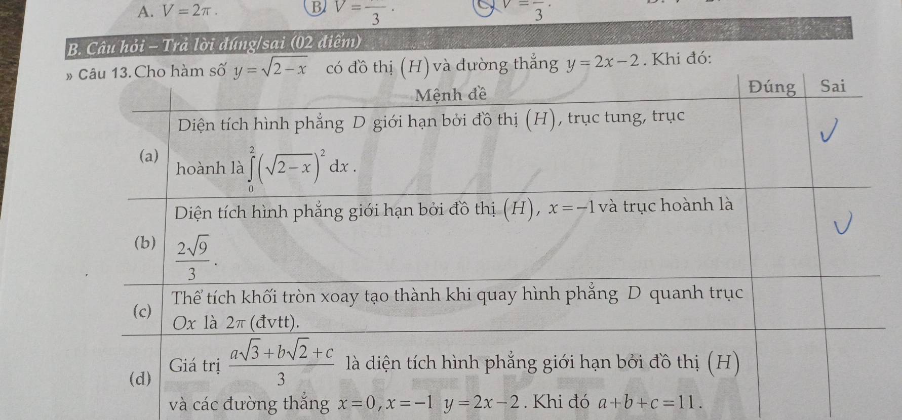 A. V=2π . B V=frac 3· v=frac 3·
B. Câu hỏi - Trả lời đúng/sai (02 điểm)
ng thắng y=2x-2. Khi đó:
và các đường thẳng x=0,x=-1y=2x-2