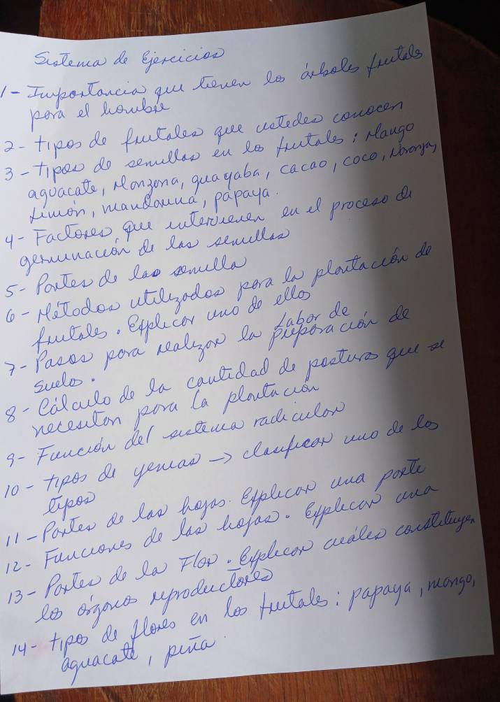 Sulema do Bercicion 
- Inpertancia you teven to acbols frutels 
pora of hombic 
2- tipos do futaleo gue uetedeo cowreen 
3 - tipeo do semellaw ou t0 frutals: Nango 
agoacate, Honyona, quayaba, cacao, coce, lbrongy 
timon, maudanud, papaya 
4 - Fackoreo, gue snternever end proceaod 
getuuacion do ta0 seuccllen 
5- Poutendo lao souclla 
6 - H4dlodoo utyodoo pera le plataccoud 
fotale, eqplecar uno do ello 
7-Parow pora realyon n papees a con do 
8- edlaulo do ya caulidad d pectures gur o 
suelo. 
necewton pora la plactacion 
3- Funcion del steua rad culow 
10-tpe d yeuao > clanfeax uno de s0 
eyeon 
11 - Partev do law heyao explccan aua port 
12. Fuuciors do law hejao. eyelecan ana 
13- Portew do 2a Flop. exelecow coaler caulldags 
to ooue rproducor2 
14 - tipe do fleneo en Ro0 fuutals: papaya, mongo 
aquacatd, puūa