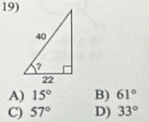 A) 15° B) 61°
C) 57° D) 33°