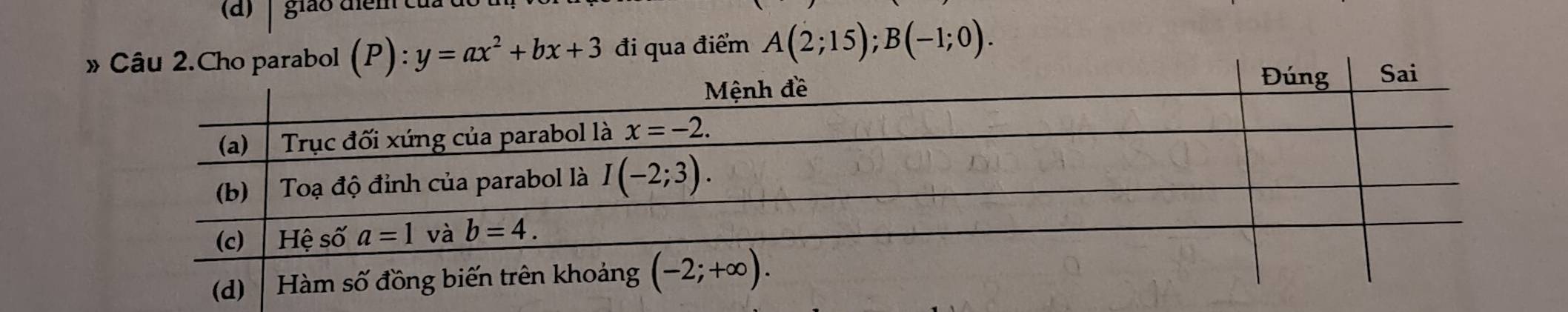 giáo điểm cử.
»arabol . (P):y=ax^2+bx+3 đi qua điểm A(2;15);B(-1;0).