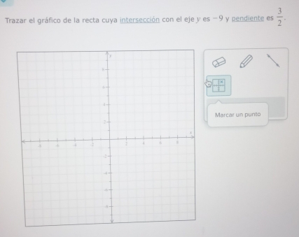 Trazar el gráfico de la recta cuya intersección con el eje y es -9 y pendiente es  3/2 .
 |x|/2 
Marcar un punto