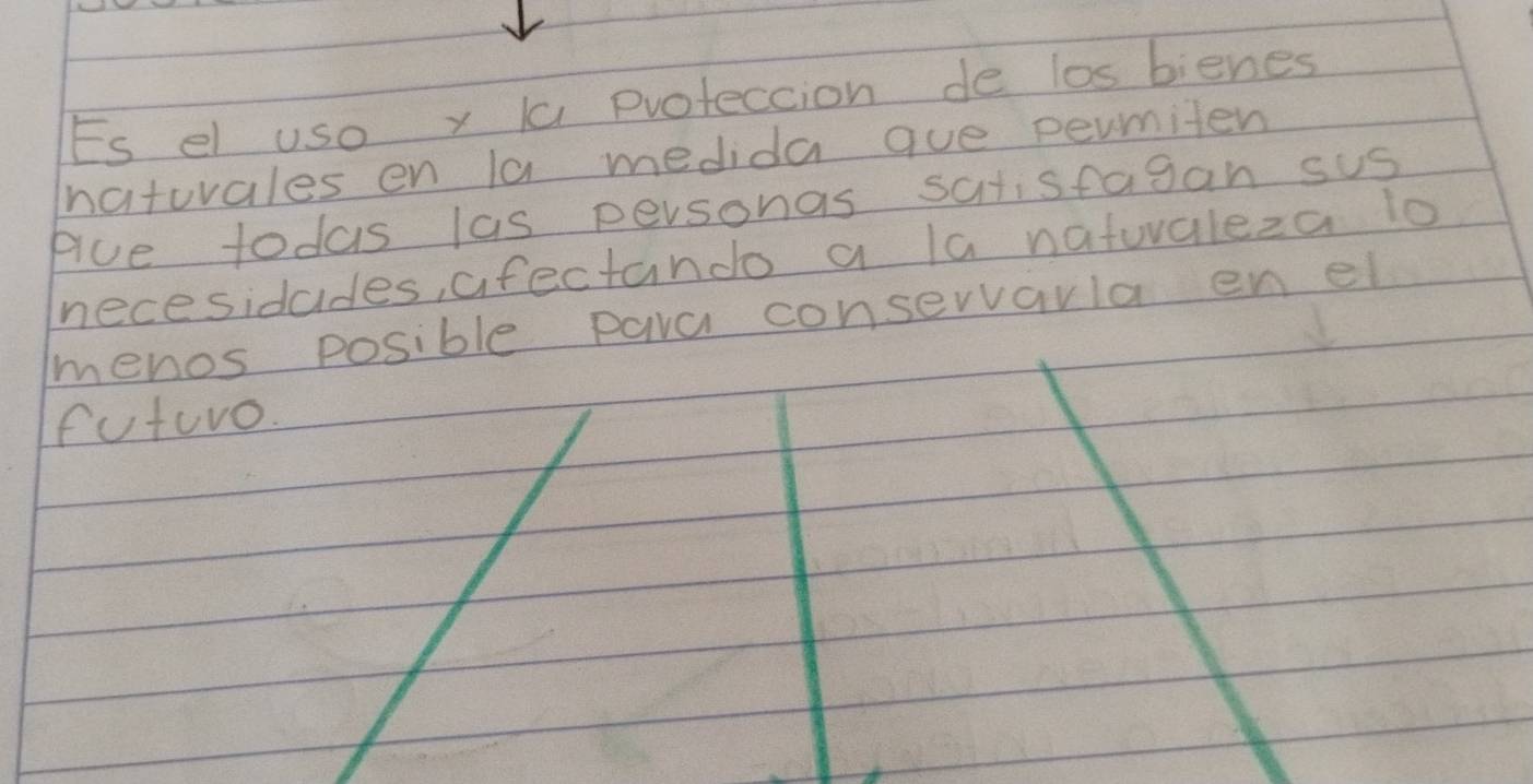 Es el uso x a proteccion de los bienes 
naturales en 1a medida gue permiten 
Alue todas las personas satisfagan sus 
necesidades, afectando a la natuvaleza lo 
menos posible pava consevvavla en el 
futuro.