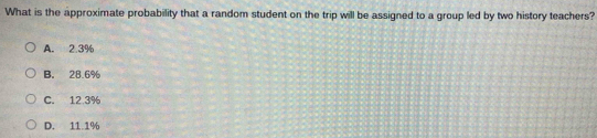 What is the approximate probability that a random student on the trip will be assigned to a group led by two history teachers?
A. 2.3%
B. 28.6%
C. 12.3%
D. 11.1%