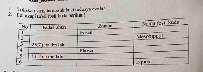 Tuliskan yang termasuk bukti adanya evolusi ! 
2. Lengkapi tabel fosi[ kuda berikut !