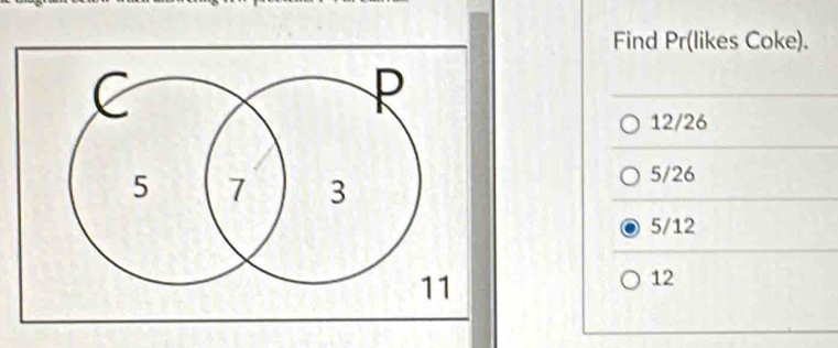 Find Pr (likes Coke).
12/26
5/26
5/12
12