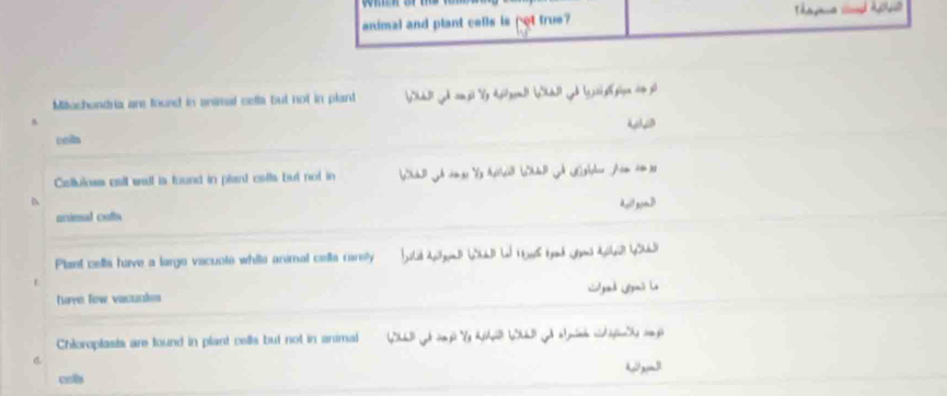 animal and plant cells is pot true?
Mitachondria are found in animal cella but not in plant

Cotluloes call wall is found in plant cafts but not in
urvieal cofts
Plant cells have a large vacuote while animal cella rarely h tành noms A K hh
have few vacuales Lpad Gpmó la
Chloroplasts are found in plant cells but not in animal
C.
cols