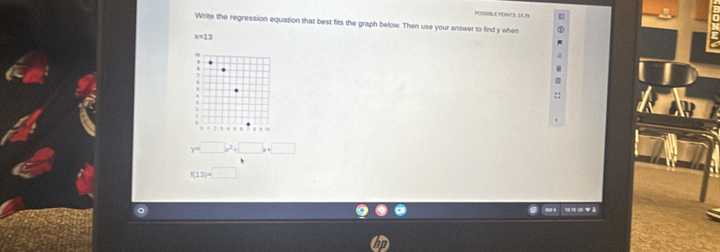 POSSBLE PONTS: 14.29
Write the regression equation that best fits the graph below. Then use your answer to find y when
x=13
y=□ x^2+□ x+□
f(13)=□
0 4